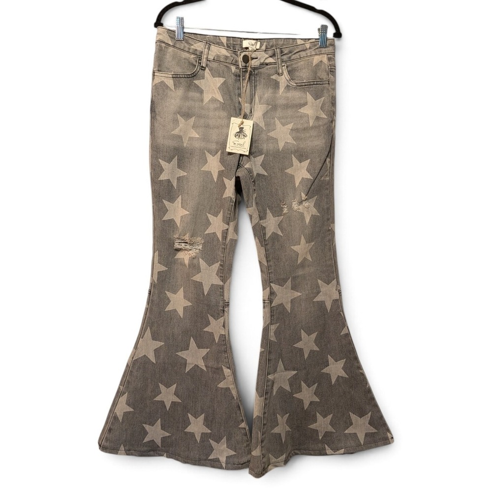 Easel Gray Star Print Super Flare Jeans Mid Rise EB41025 Large